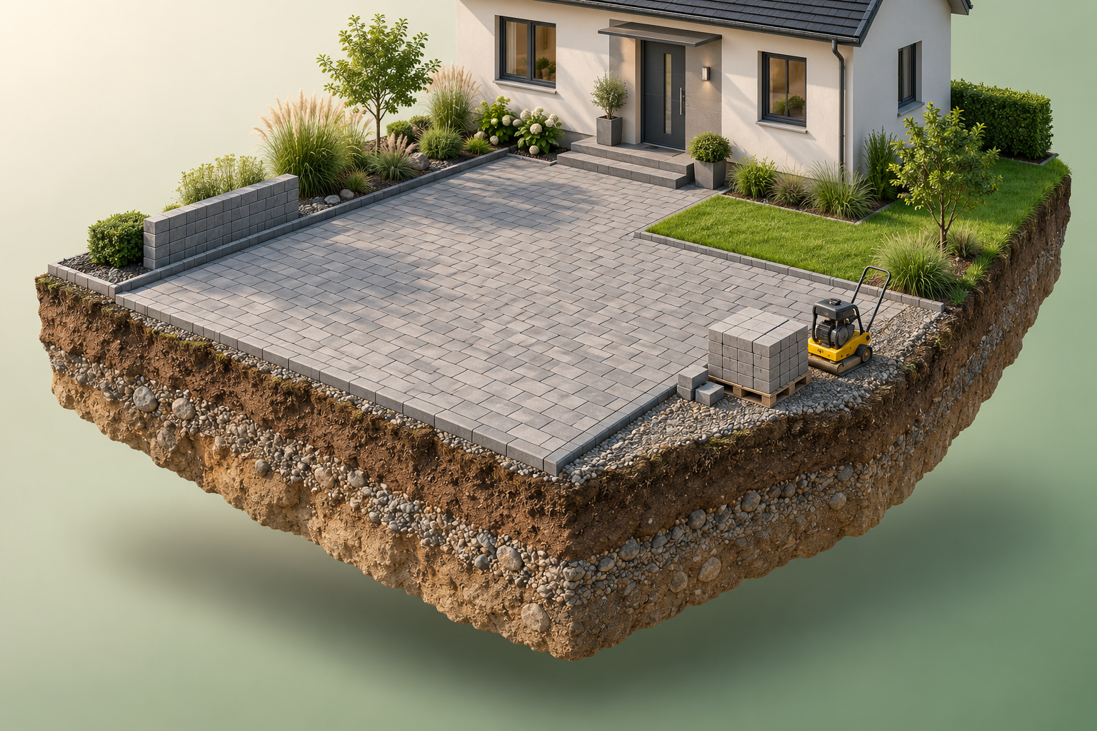 Lossagk-Illustration einer gepflasterten Hauseinfahrt als Erdinsel