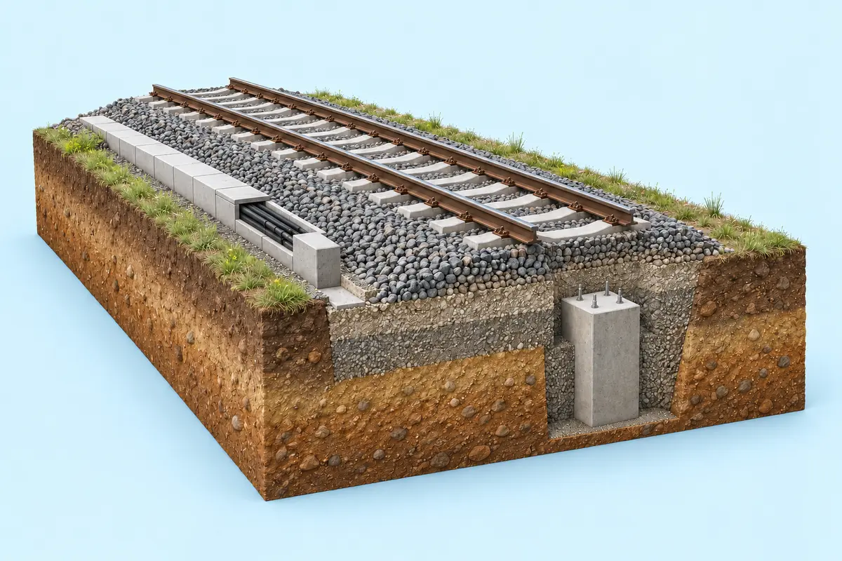 Neben dem Gleis verlaufen geschützte Kabelwege. Der Bodenschnitt zeigt zusätzlich ein beispielhaftes Fundament für bahntechnische Anlagen.