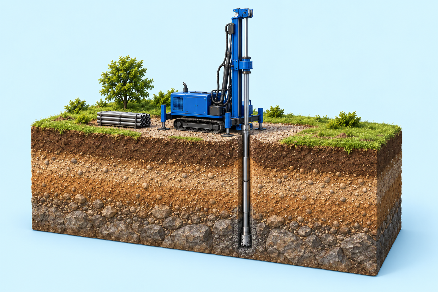 Blaue Tiefbohranlage auf einer Erdinsel. Der Bodenschnitt zeigt eine senkrechte Bohrung durch verschiedene Erd- und Gesteinsschichten.