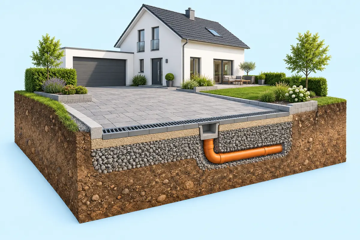 Unter dem Pflaster liegen Bettung und Tragschicht. Eine Entwässerungsrinne nimmt Oberflächenwasser auf und führt es in die angeschlossene Leitung.