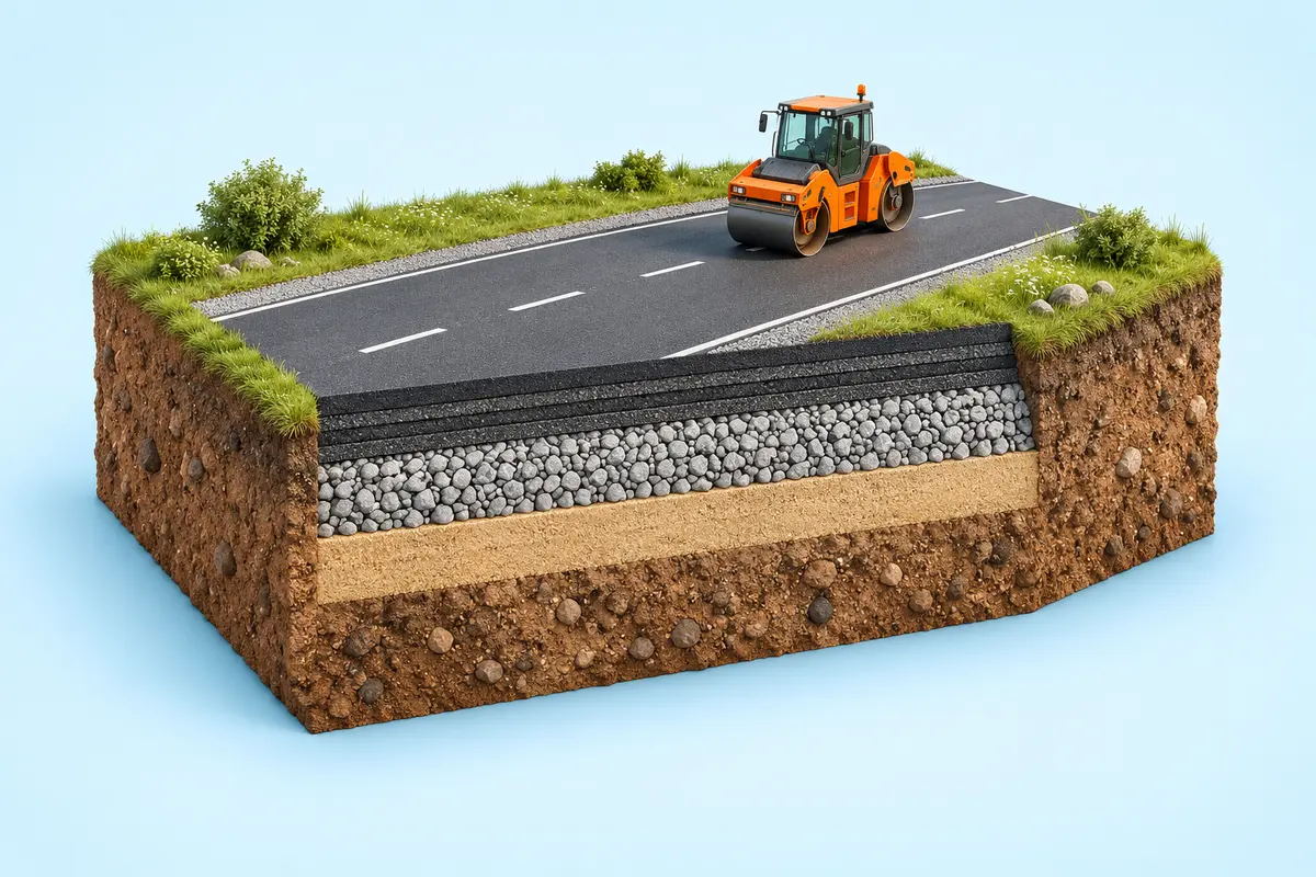 Unter dem Asphalt liegen tragende Schichten. Die Erdinsel macht den Aufbau bis zum natürlichen Boden sichtbar.